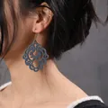 Bohemian black wooden filigree drop earrings with intricate mandala hollow-out design - Grey Blue