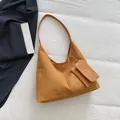 Minimalist caramel brown suede tote bag with integrated strap and matching small pouch - Brown