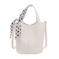 Sac seau blanc en cuir grainé avec une poignée élégante en foulard à pois noir et blanc - Blanc