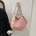 Pink plaid tweed tote bag with leather straps and V-shaped design for daily commuting - Pink