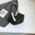 Black tweed tote bag with gold plaid pattern and white decorative silk ribbon - Black