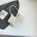 Off-white plaid tweed tote bag with V-shaped opening and ribbon decoration - White