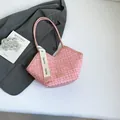 Pink tweed plaid tote bag with chic V-cut design and stylish shoulder strap for women - Pink