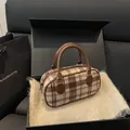 Vintage-Bowlingtasche mit Karomuster, braunem Leder und Goldbeschlägen - Khaki