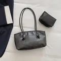 Dark grey leather tote bag set with matching pouch and vintage metal buckle detail - 2pcs Set (Main Bag + Pouch) / Black