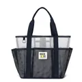 Navy blue and white mesh beach tote bag with front storage pockets and sturdy handles - Navy Blue