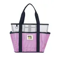 Purple and white mesh beach bag with multi-pocket design and navy blue handles - Purple
