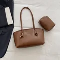 Caramel brown PU leather tote bag set with matching pouch and knotted shoulder strap - 2pcs Set (Main Bag + Pouch) / Brown