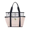 Pink and white mesh beach tote bag with navy blue handles and outer storage pockets - Pink