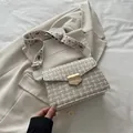 French vintage beige tweed small square bag with ethnic embroidery shoulder strap - White
