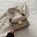French retro tweed underarm bag with ethnic floral strap and golden buckle detail - Brown