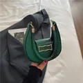 Dark green crocodile pattern PU leather half-moon bag with elegant gold buckle - Green
