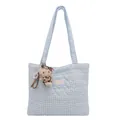 Spacious quilted tote bag with heart pattern and cute cat pendant in light blue - Blue with Pendant