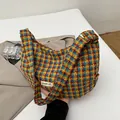 Retro colorful houndstooth hobo bag with zip closure and power off woven label - Yellow