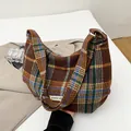 Retro plaid oversized shoulder bag in brown and blue tones with power off label - Brown