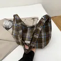 Brown and blue plaid oversized dumpling bag with vintage texture and power of label - Brown