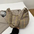 Retro plaid crossbody bag with wide shoulder strap in yellow and brown checkered pattern - Khaki