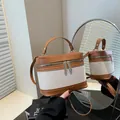 Moderne koreanische Leinen-Beuteltasche mit braunem Kunstlederbesatz und Griff - Braun