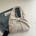 Beige corduroy shoulder bag featuring a large bow and soft ribbed texture for women - Beige No Pendant