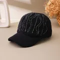 Women's black knitted mohair baseball cap featuring elegant wave-pattern rhinestone accents - Adult Size (Adjustable) / Black