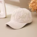 Close-up of cream knit baseball cap featuring wave-shaped rhinestone accents and soft texture - Adult Size (Adjustable) / Beige
