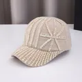 Beige knitted baseball cap featuring sparkling rhinestones and warm winter yarn texture - Adult Size (Adjustable) / Beige