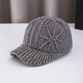 Close-up of dark grey knitted baseball cap featuring silver stud geometric patterns - Adult Size (Adjustable) / Gray