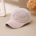 Close-up of sparkling rhinestones and plush knit texture on a pink baseball cap - Adult Size (Adjustable) / Khaki