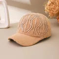 Winter knit baseball cap for women with sparkling rhinestone wave patterns in beige - Adult Size (Adjustable) / Brown