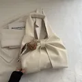Creamy white large tote bag with bow design and a cute plush bear charm for daily use - With Pendant / White
