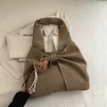 Brown suede tote bag featuring a decorative bow, plush bear charm, and large capacity - With Pendant / Khaki