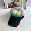 Detail of creative visor cap with colorful fake hair wig and rainbow synthetic hair - Adult Size (Adjustable) / Black