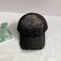 Detailed view of black velvet baseball cap featuring sparkly rhinestones and quilted texture - Adjustable / Black