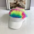 Detail of white sun visor hat featuring colorful faux fur gradient in a lifestyle setting - Adult Size (Adjustable) / White