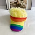 Detail of creative rainbow baseball cap with yellow synthetic wig hair for party outfits - Adult Size (Adjustable) / Yellow With Yellow Hair