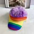 Detail of vibrant rainbow striped sun visor cap with fluffy purple hair wig decoration - Adult Size (Adjustable) / Yellow With Purple Hair