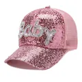Detail of pink sequins and pearl-studded Baby logo on a breathable mesh baseball cap - Pink