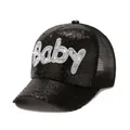 Fashionable black mesh trucker hat featuring shiny sequins and baby letter pearl patch - Black