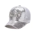 Detailed view of silver sequin baseball cap with pearl and rhinestone Baby lettering - Silver
