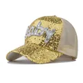 Detail of sequins baseball cap with Baby lettering in pearls and rhinestones on mesh fabric - Adult / Gold