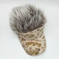 Detail showing camouflage cotton baseball cap with fuzzy grey synthetic hair on top - Beige Small Camo Coffee Wig