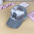 Silver satin baseball cap with sequined brim and rhinestone R letter on front - M (56-58cm) / Gray