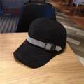 Fuzzy black baseball cap with rhinestone band and metal buckle for winter fashion - Adult Size (Adjustable) / Black