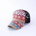 Macro detail of breathable mesh and geometric ethnic print on ponytail baseball cap - One Size / Small Geometric Diamond
