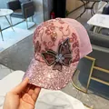 Pink rhinestone butterfly mesh baseball cap with sequined brim and floral embroidery details - Adult Adjustable / Pink