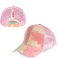 Detail of tie-dye trucker hat featuring a breathable mesh back and ponytail hole opening - Pink