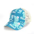 Detail of blue ponytail trucker hat with mesh backing and cactus floral print - One Size / Blue Floral Criss Cross