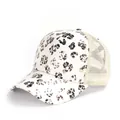 Detailed view of leopard print fabric and breathable beige mesh on a trucker baseball cap - One Size / White Gold