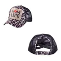 Detail view of Mom Life leopard print mesh cap with criss-cross ponytail elastic bands - Adult (Adjustable Circumference 58cm) / Leopard Print Black Mesh
