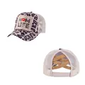 Detail of leopard print ponytail baseball cap featuring MOM LIFE patch and mesh back - Adult (Adjustable Circumference 58cm) / Leopard Beige Mesh